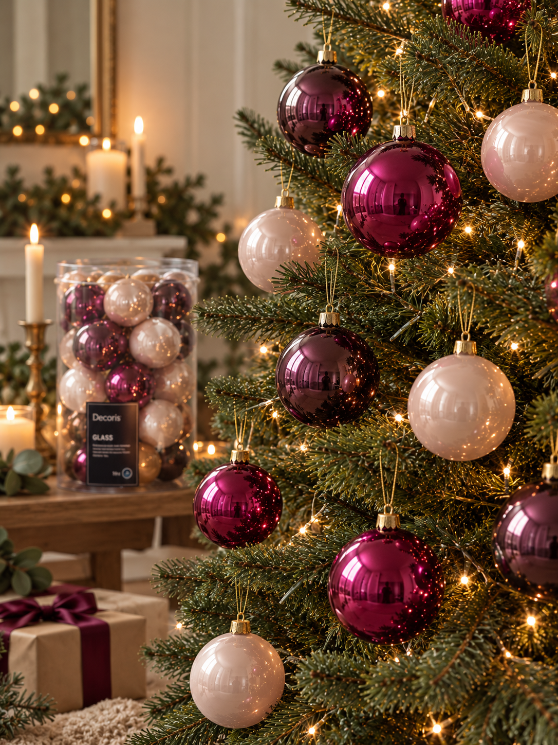 PACK DE 49 BOLAS DE NAVIDAD DE CRISTAL ROSA