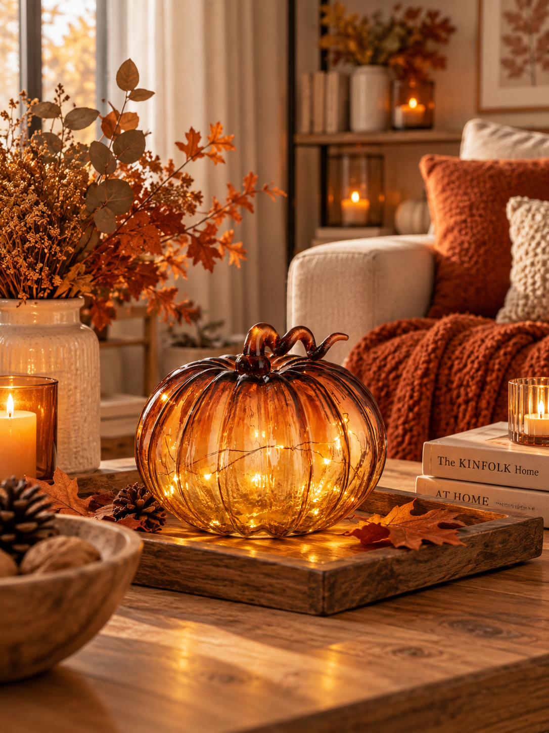 CALABAZA DE CRISTAL CON MICRO LED NARANJA Y LUZ BLANCA CÁLIDA