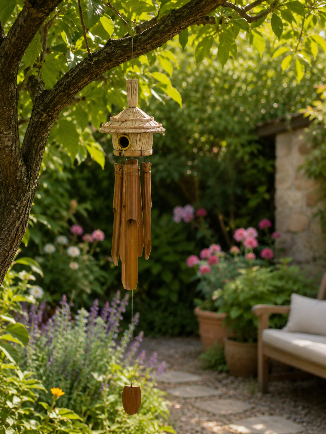 CAMPANILLA DE VIENTO DE BAMBÚ CON CASETA DE PÁJAROS