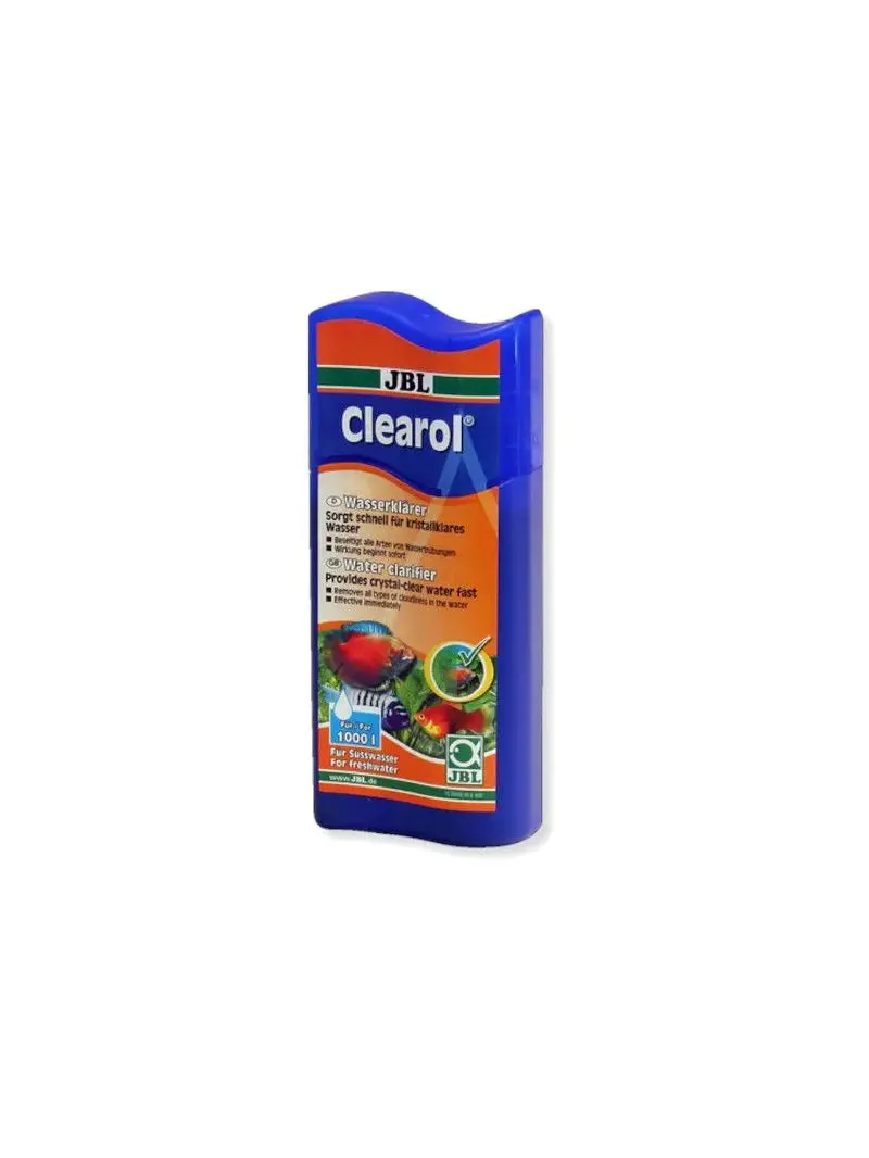 JBL Clearol 250ml blue bottle, water clarifier for aquariums, with fish and plant graphics.