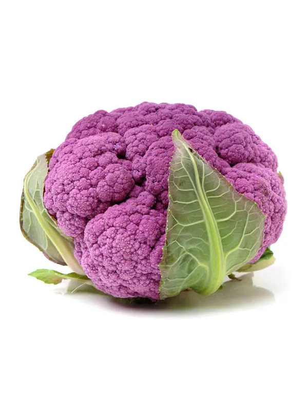 Coliflor morada fresca con hojas verdes, lista para cocinar o plantar.