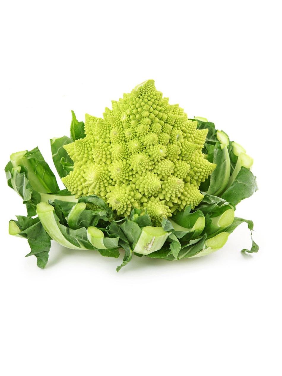 Coliflor romanesco verde con forma fractal y hojas, sobre fondo blanco.