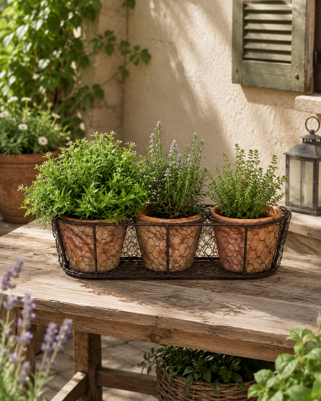 AT 3 POTS IN WIRE BASKET