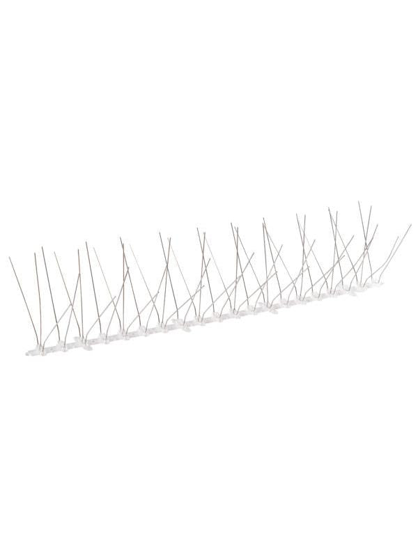 Espantapájaros con 50 agujas de metal plateado sobre base blanca, disuasorio para aves.