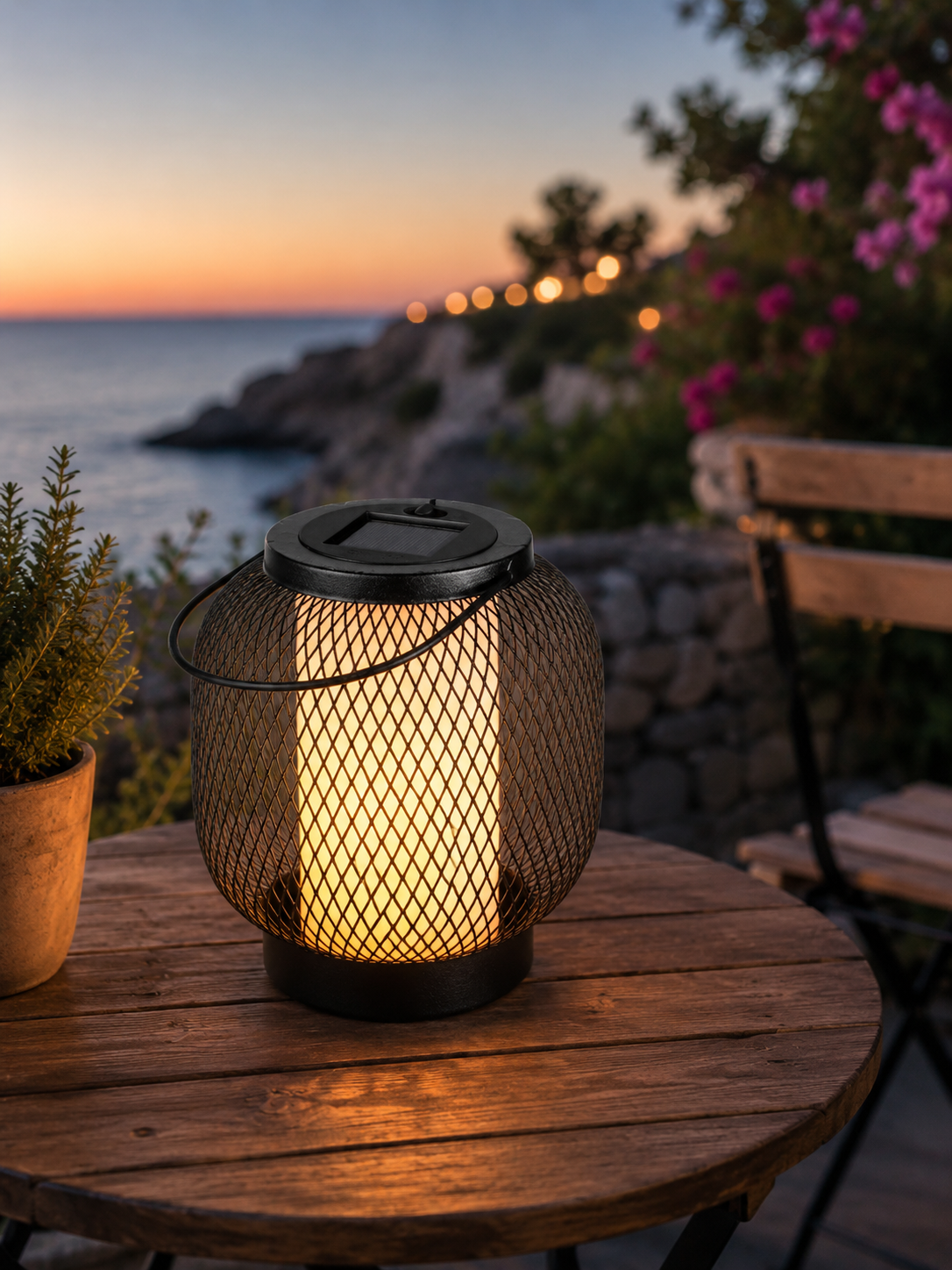 Farol Solar de Metal Negro con Efecto Llama LED