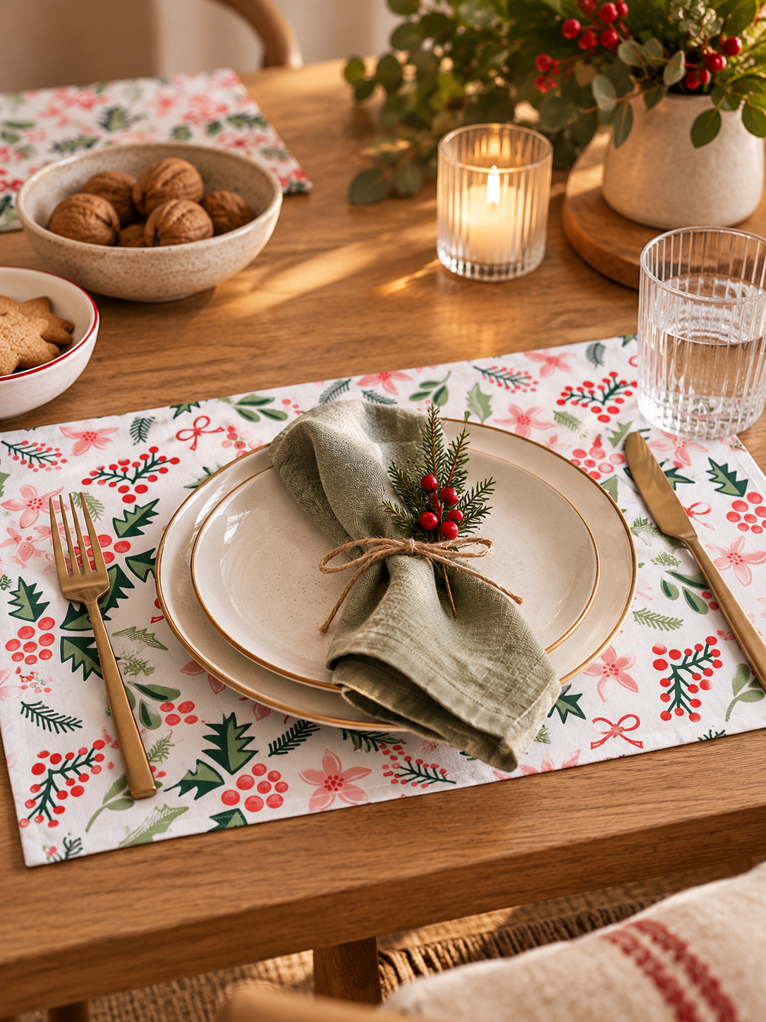 INDIVIDUAL NAVIDEÑO DE ALGODÓN CON DISEÑO DE MUÉRDAGO