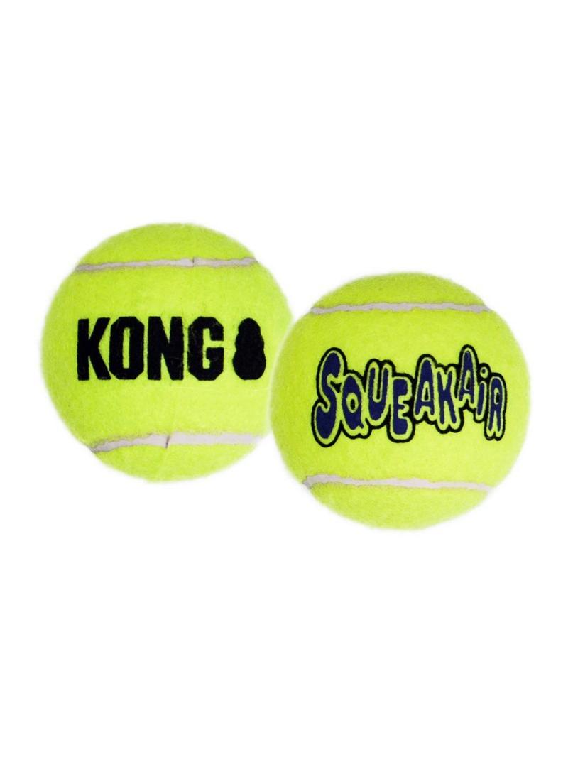 Dos pelotas de tenis KONG SqueakAir amarillas con fieltro no abrasivo y logo azul.