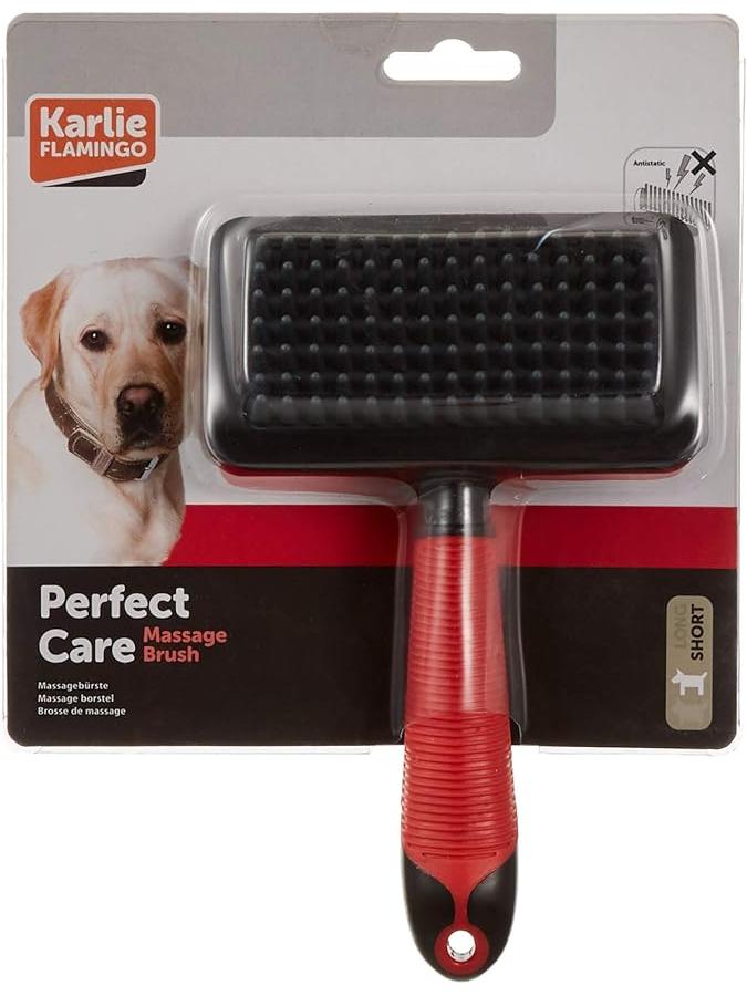Cepillo de masaje Karlie Flamingo Perfect Care negro y rojo con mango grande para perros.