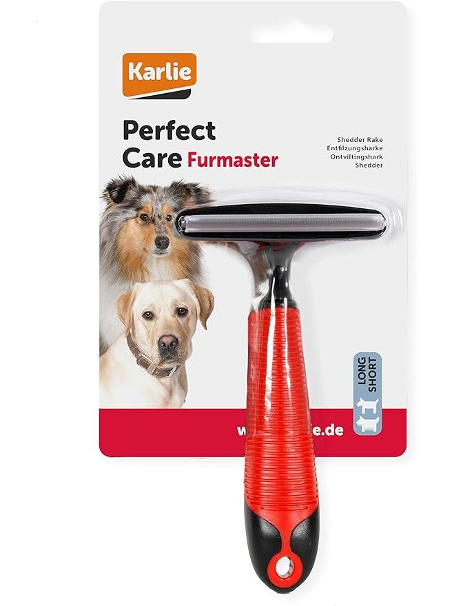 Karlie Perfect Care Furmaster 50mm deshedding brush with red ergonomic handle for dogs and cats.