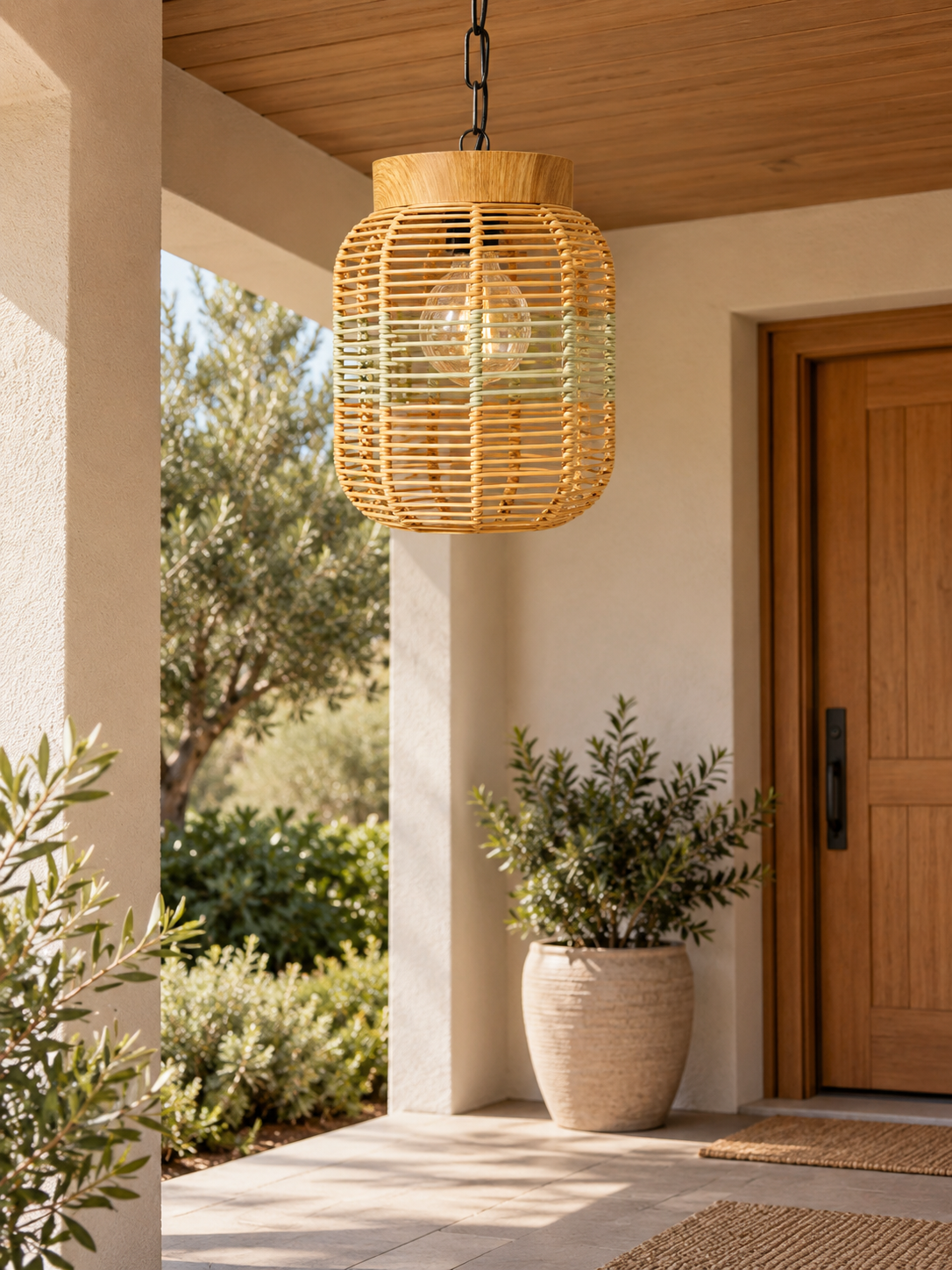 LÁMPARA SOLAR COLGANTE DE MIMBRE CON LUZ FIJA 20 CM