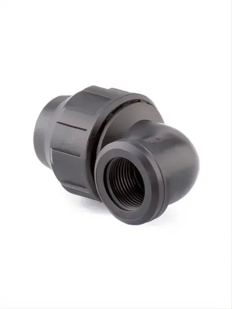 Codo PE negro de 90° con rosca vertical de 3/4" para tubería de 32mm.