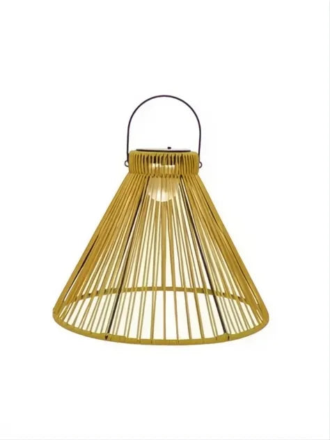 Luz colgante solar de PP amarilla con diseño cónico de varillas y asa negra, 60cm.