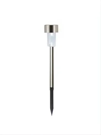 Pincho solar de acero inoxidable con estaca negra, diseño cilíndrico y cabezal plateado.