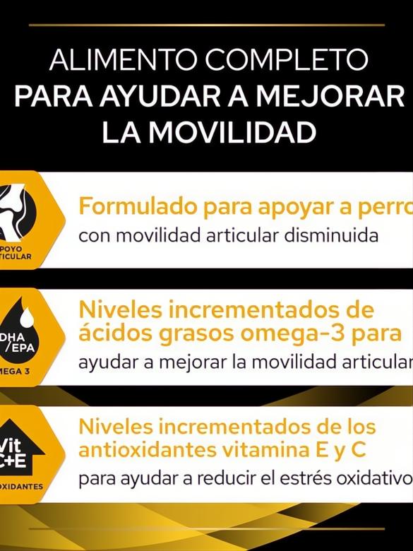 Infografía negra y amarilla sobre alimento completo para perros que mejora la movilidad articular con omega-3 y antioxidantes.