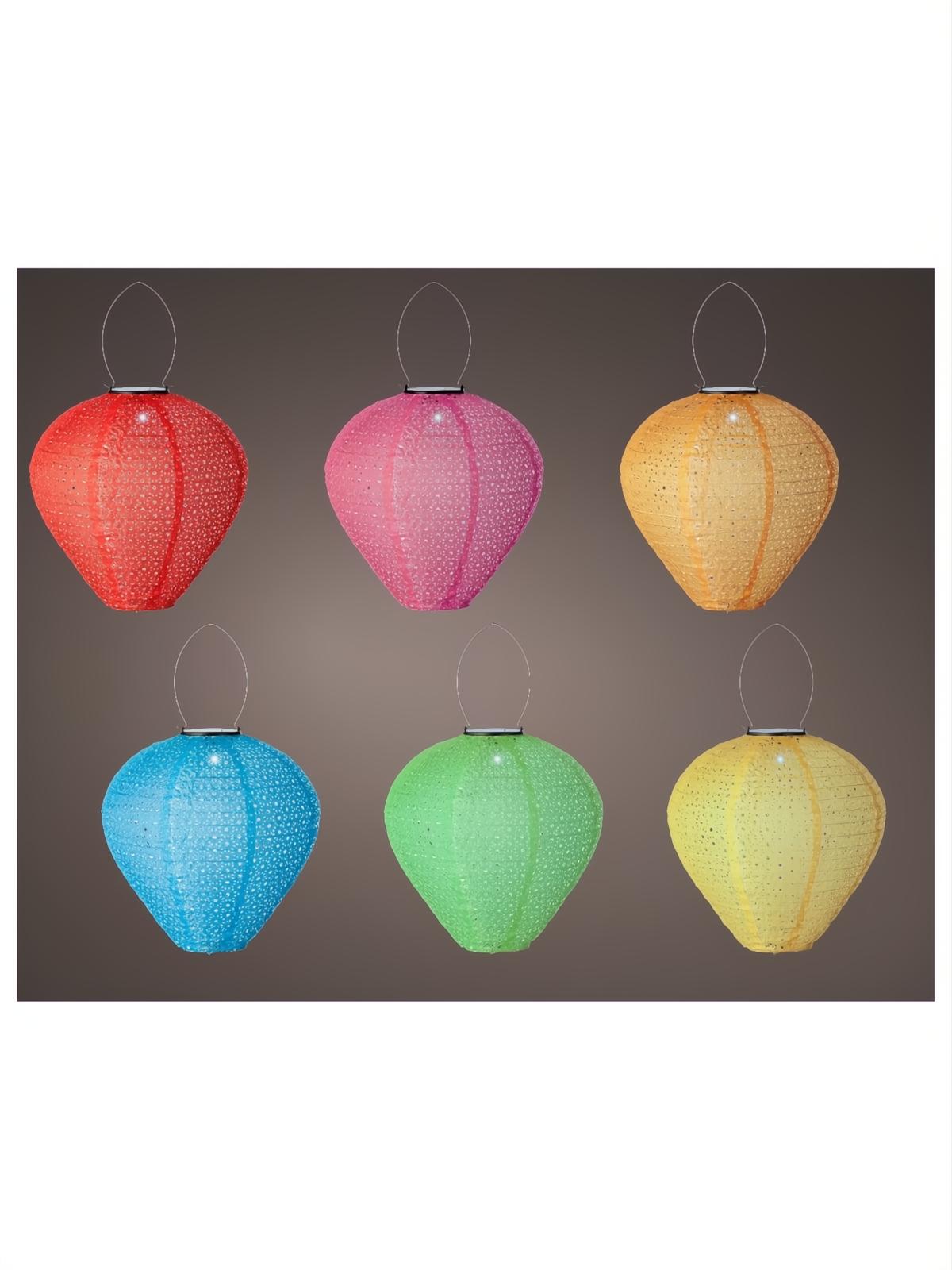 Seis linternas solares de nylon en colores surtidos: rojo, rosa, naranja, azul, verde y amarillo.