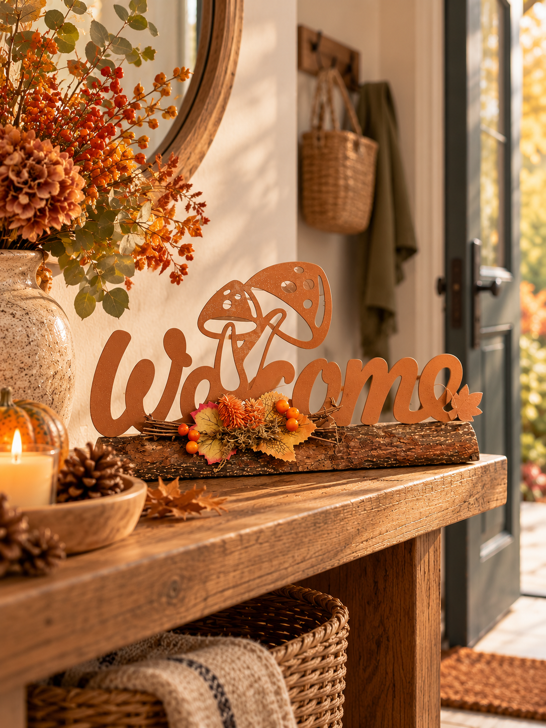 SETA DECORATIVA DE HIERRO CON CARTEL «WELCOME» EFECTO ÓXIDO · 5 × 30 × 13 CM