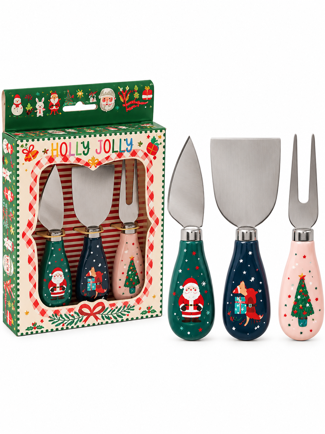 SET DE 3 UTENSILIOS PARA QUESO CON DISEÑO NAVIDEÑO