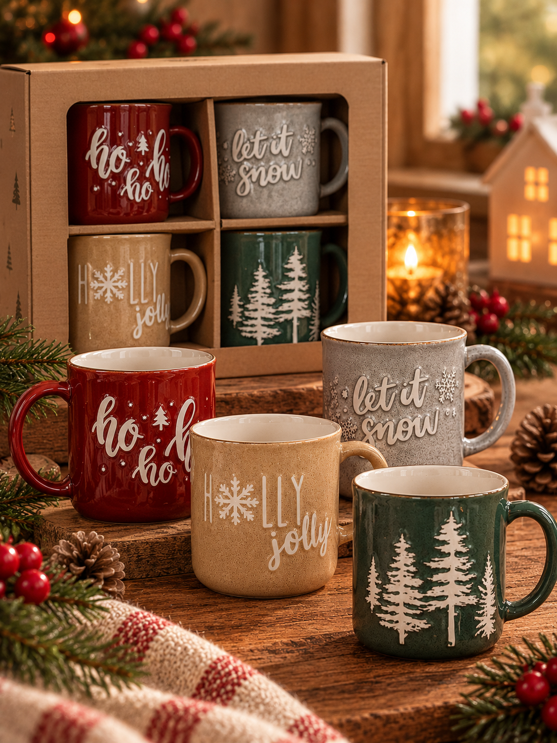 SET DE 4 TAZAS NAVIDEÑAS DE GRES