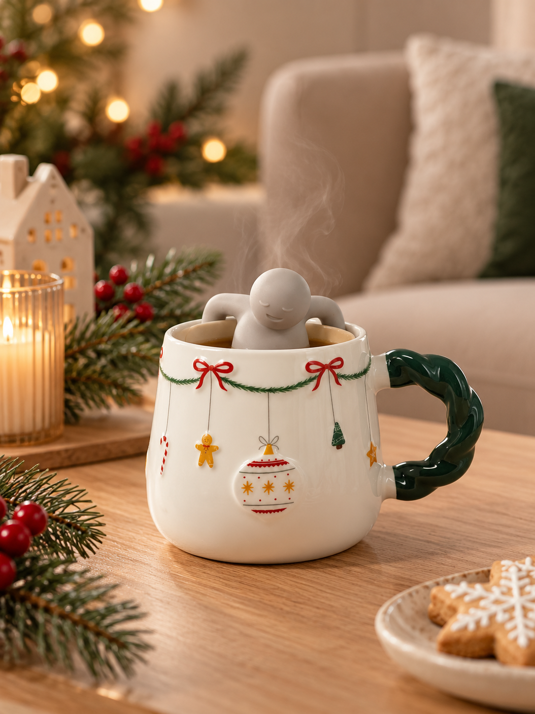 TAZA BOLA NAVIDEÑA DE PORCELANA CON CUCHARA - SET 2 PIEZAS