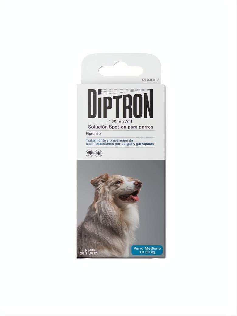 DIPTRON pipeta antiparasitaria para perros medianos (10-20kg), con perro border collie.