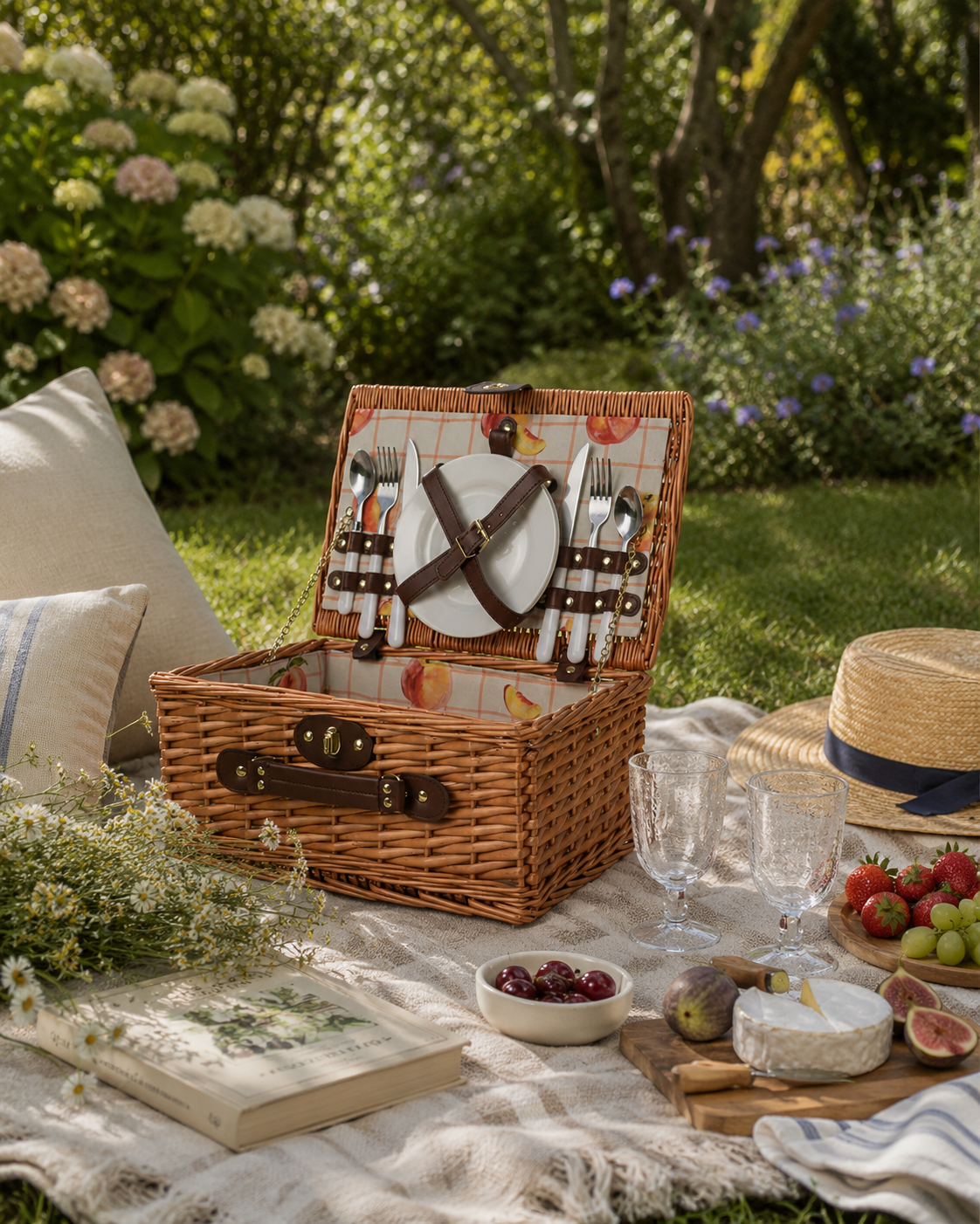 PICNIC SET WICKER PEACH PRINT