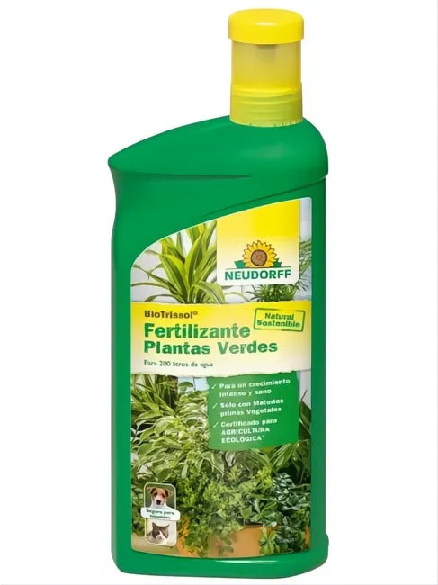 Botella verde de 1L de fertilizante líquido Neudorff para plantas verdes con tapa amarilla.
