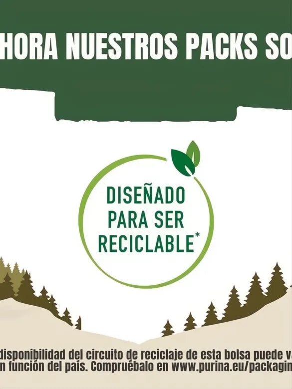 Fondo blanco con un círculo verde que dice "DISEÑADO PARA SER RECICLABLE" y un icono de hoja.