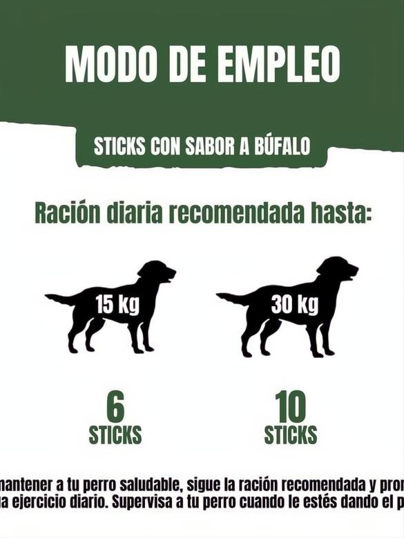 Guía de ración diaria para sticks sabor búfalo: 6 sticks para perros de 15kg, 10 sticks para 30kg.