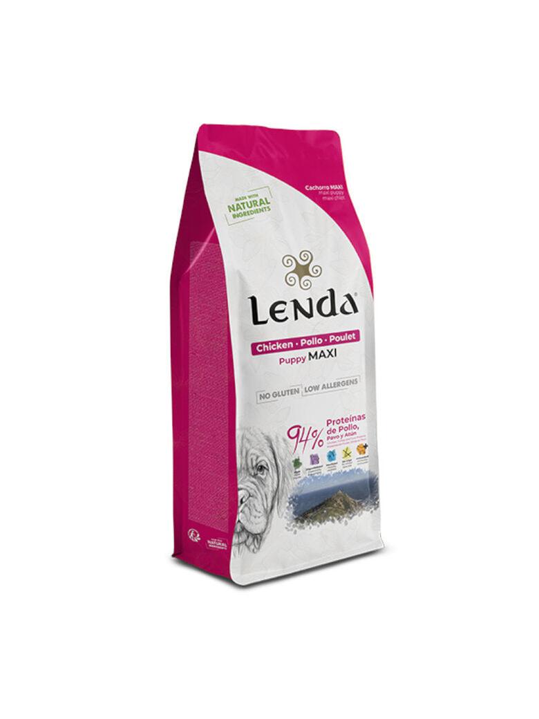 Lenda Puppy Maxi 12kg dog food bag, white and pink with a puppy face and natural ingredients.