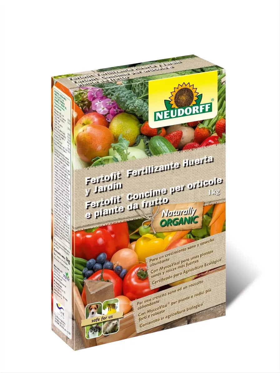Caja de fertilizante Neudorff Fertofit Huerta y Jardín 1kg, con diseño orgánico y frutas/vegetales.