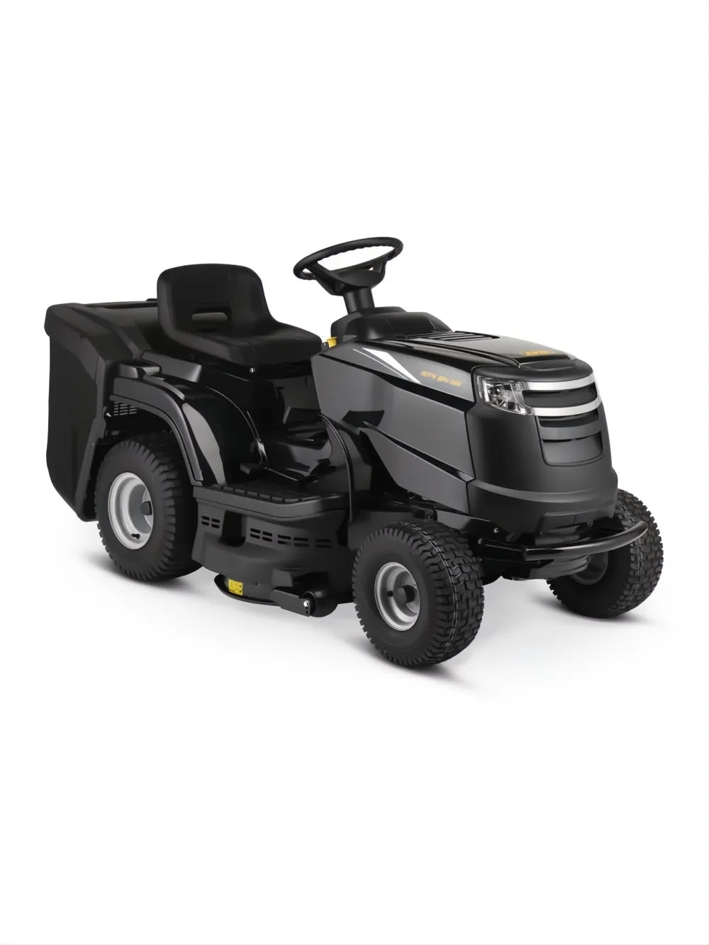 Tractor cortacésped Alpina AT4 84 HA ST 400 414cc negro con asiento y saco de recogida.